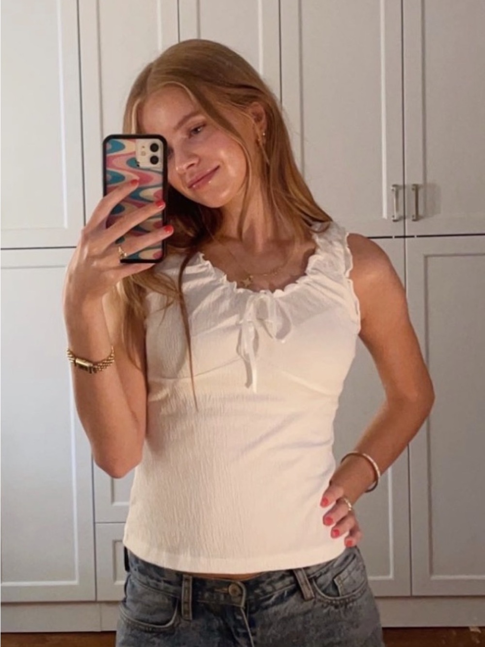 Brandy Melville Cream Ruffled Tie-Front Tank